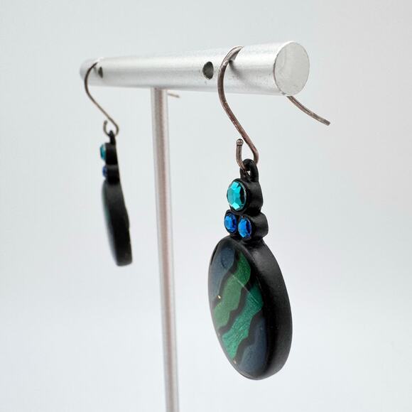 Chico’s Blue Green Metallic Enamel Stripe Rhinestone Earrings Mermaidcore Siren - Picture 5 of 11